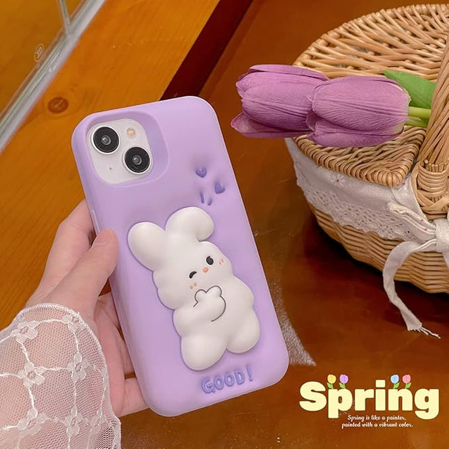 Case Compatible with iPhone 12 Pro Max,Cute 3D Kawaii Funny Bunny Purple Cartoon Cover with Keychain Soft Silicone Gel Drop Protector Women Girls