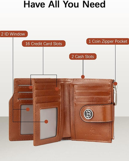 BOSTANTEN Women Leather Wallet Small RFID Blocking Bifold Zipper Pocket Wallet Card Case with ID Window Brown