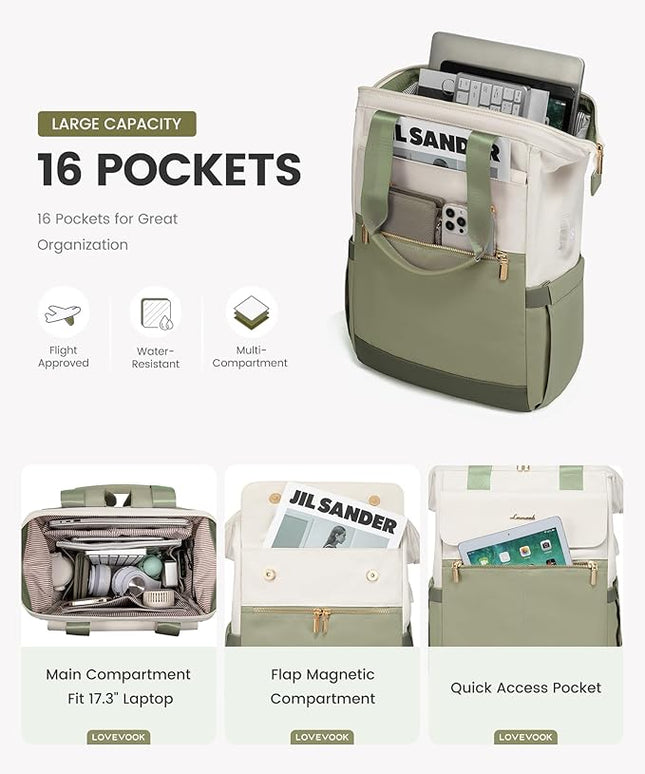 LOVEVOOK 17.3 Inch Laptop Backpack for Women, Large Capacity Travel Backpack with Organizer Bag,Waterproof Carry on Backpack Work Bag with USB Port,Teacher Nurse Backpack Purse,2PCS,Beige-Bean Green