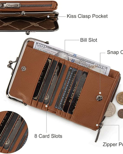 Montana West Wrangler Women's Wallet RFID Blocking Wallets Small Bifold Credit Card Holder with Kiss Clasp Brown