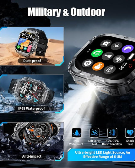 2.0" Military Smart Watch for Men with Flashlight, Make/Answer Calls, 1000mAh, IP68 Waterproof, 100+ Sport Modes Fitness Tracker for Workout Outdoor iOS Android Compatible, Black-Silicone