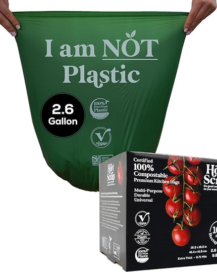 Small Compostable Trash Bags - 2.6 Gallon, 100 Pack, 100% Plastic-Free Decomposing Kitchen Food Waste Trash Can Bags & Liners, Thick Countertop Garbage, Bathroom & Bio Bin Bags
