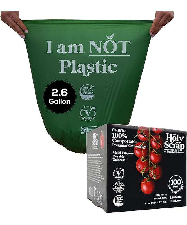 Small Compostable Trash Bags - 2.6 Gallon, 100 Pack, 100% Plastic-Free Decomposing Kitchen Food Waste Trash Can Bags & Liners, Thick Countertop Garbage, Bathroom & Bio Bin Bags
