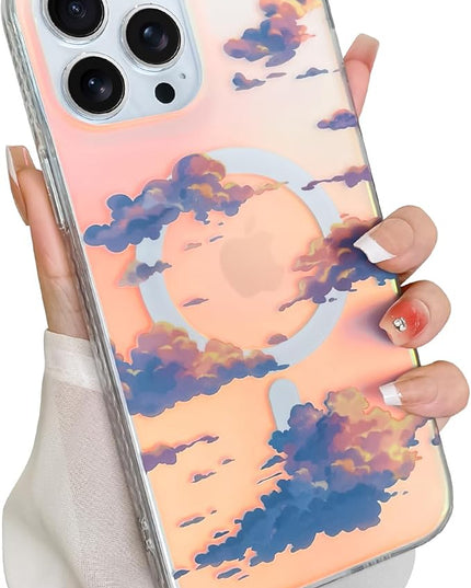 Cute Case for iPhone 13 Pro Case for Women Girls [ Compatible with Magsafe ] Aesthetic Cloud Pattern Design, Girly Glitter Sparkly Bling Protective Phone Cover, Iridescent Sun Set Sky