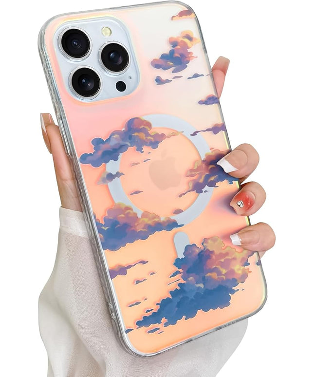 Cute Case for iPhone 13 Pro Case for Women Girls [ Compatible with Magsafe ] Aesthetic Cloud Pattern Design, Girly Glitter Sparkly Bling Protective Phone Cover, Iridescent Sun Set Sky