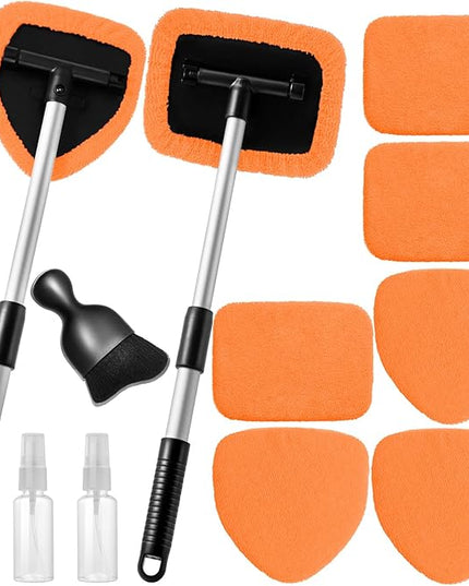 11pcs Windshield Cleaner Tool, Car Window Cleaning Wash Kit with 6 Reusable Microfiber Pads 2 Spray Bottles and Extendable Handles Auto Glass Wiper Kit, Orange