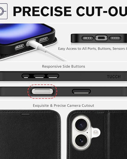 TUCCH Wallet Case for iPhone 16, Kickstand [RFID Blocking] [4 Card Slots] TPU Interior Protective Case, Magnetic Folio Shockproof PU Leather Flip Cover Compatible with iPhone 16 5G, Black & White