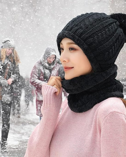 HUAMULAN Women Winter Beanie Hats One Piece Fleece Lined Knit Balaclavas Mask Set Skull Neck Circle Scarf Ski Snow Hat Pompom