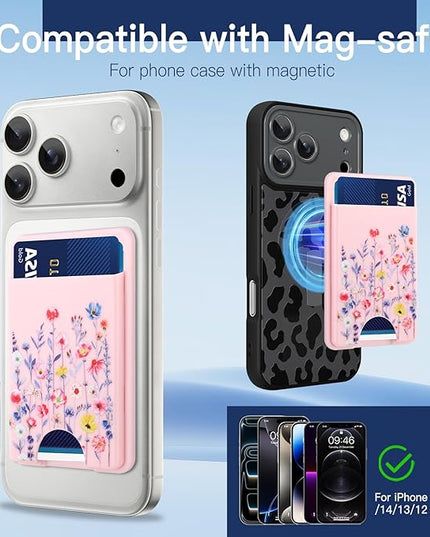 Stronger Magnetic Card Slot Wallet for iPhone 17/16/15/14/13/12 Series (Not for 13/12 Mini), Flower Pattern Hard Card Holder Fit 3 Cards Compatible with Magsafe Accessories, Pink