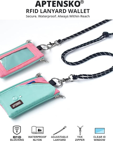 RFID Travel Wallet with Adjustable Lanyard-Zipper Small Wallet with ID Card Holder, Keychain for women&men-Minimalist Slim Waterproof Nylon case for ID, Cash, Key (Mint Aqua+Pink)