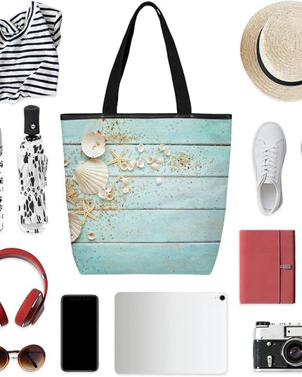 Pardick Blue Wooden Seashell Canvas Tote Bag, Womens Shoulder Bag Handbag with Zipper Book Tote Reusable Grocery Shopping Bags Beach Bag