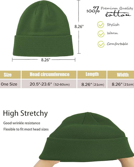 100% Cotton Beanie Hat- Unisex Ultra Soft Winter Warm Stretch Knit Cuffed Hats Fisherman Beanies Skull Cap