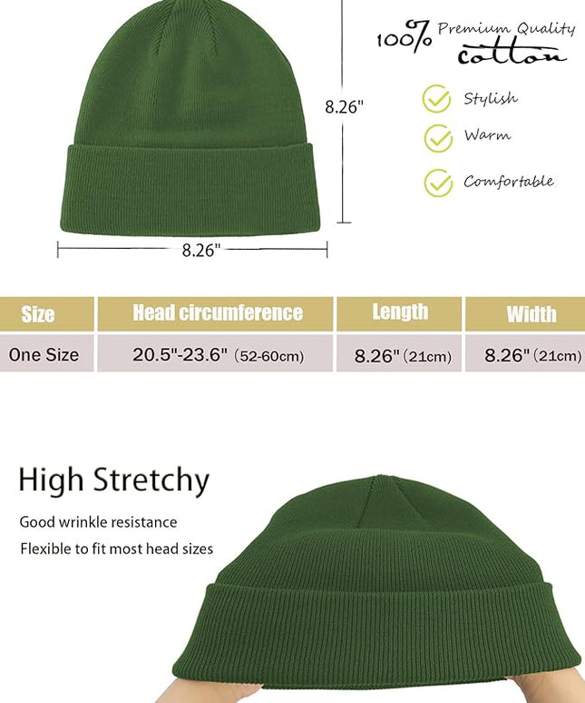 100% Cotton Beanie Hat- Unisex Ultra Soft Winter Warm Stretch Knit Cuffed Hats Fisherman Beanies Skull Cap