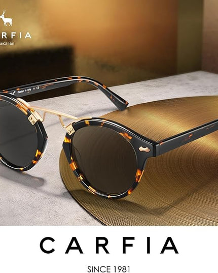CARFIA Small Face Acetate Polarized Sunglasses for Women UV Protection, Retro Double Bridge Eyewears Metal Brow Round Sunnies