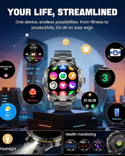 LIGE Smart Watches for Men, Make/Answer Call, 1.43" AMOLED Fitness Watch with Heart Rate/Sleep Monitor, 600mAH Battery, 200+ Sports Modes, IP68, Business Sport Smart Watch for Android iOS, Black Gold