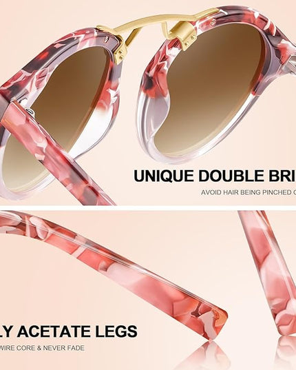 CARFIA Small Face Acetate Polarized Sunglasses for Women UV Protection, Retro Double Bridge Eyewears Metal Brow Round Sunnies
