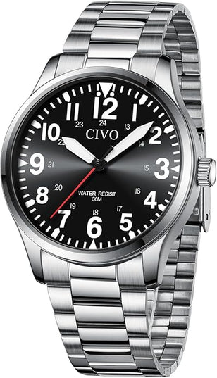 CIVO Analog Wrist Watches for Men: Waterproof Stainless Steel Mens Watches - Silver Watch with Easy Read Dial Men's Watch for Gift