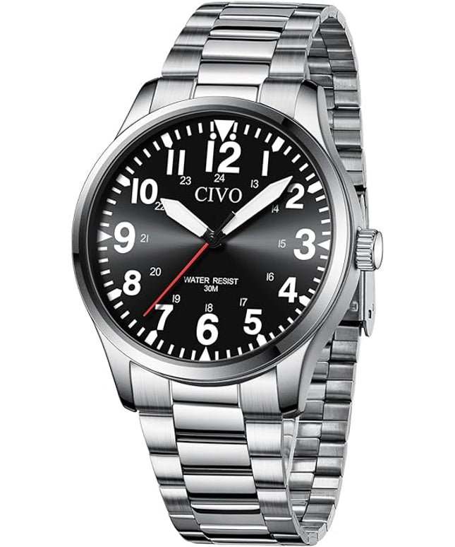CIVO Analog Wrist Watches for Men: Waterproof Stainless Steel Mens Watches - Silver Watch with Easy Read Dial Men's Watch for Gift