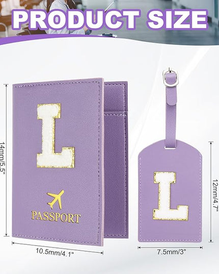 PATIKIL Passport Holder for Travel, Initial Passport Cover and Luggage Tag Set with Alphabet Chenille Letter Patch Travel Wallet Bag Suitcase Identifier for Women Family Travel Purple L