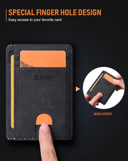 Buffway Slim Minimalist Front Pocket RFID Blocking Leather Wallets for Men and Women - At Sahara Carbon Black