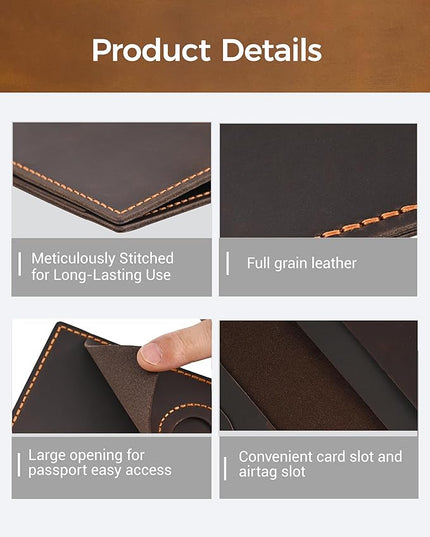 Passport Holder for Travel, Full Grain Leather Passport Holder with Airtag, Rfid Passport Cover Wallet Case for Men Women, Travel Essentials Gift, Coffee Brown