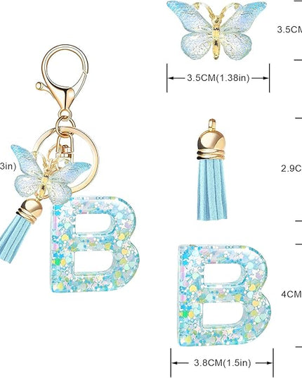 Fashion Alphabet Initial Letter Keychain Tassel Butterfly Pendant Key Ring for Purse Handbags Women Girl