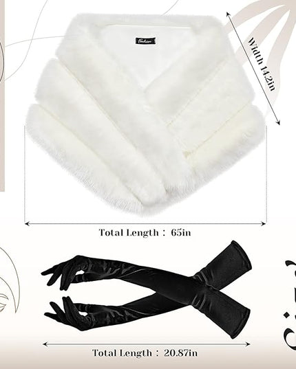 Zhanmai 2 Pcs Winter Long Shawl Cloak Stretchy Glove Opera Bridal Dance Gloves for Women Dress Party Coat