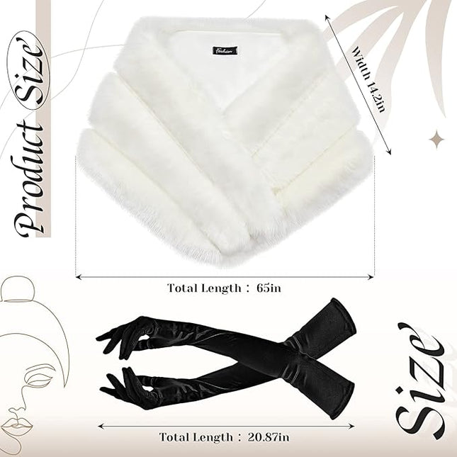 Zhanmai 2 Pcs Winter Long Shawl Cloak Stretchy Glove Opera Bridal Dance Gloves for Women Dress Party Coat