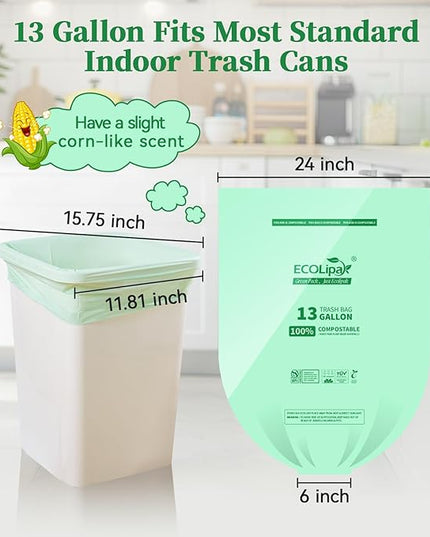 ECOLipak 13 Gallon Compostable Trash Garbage Bags, 50 Count (1 Roll) Biodegradable Heavy Duty Bathroom Kitchen Trash Bags for Home/Office, US BPI ASTM D6400 and OK Compost Home Certified
