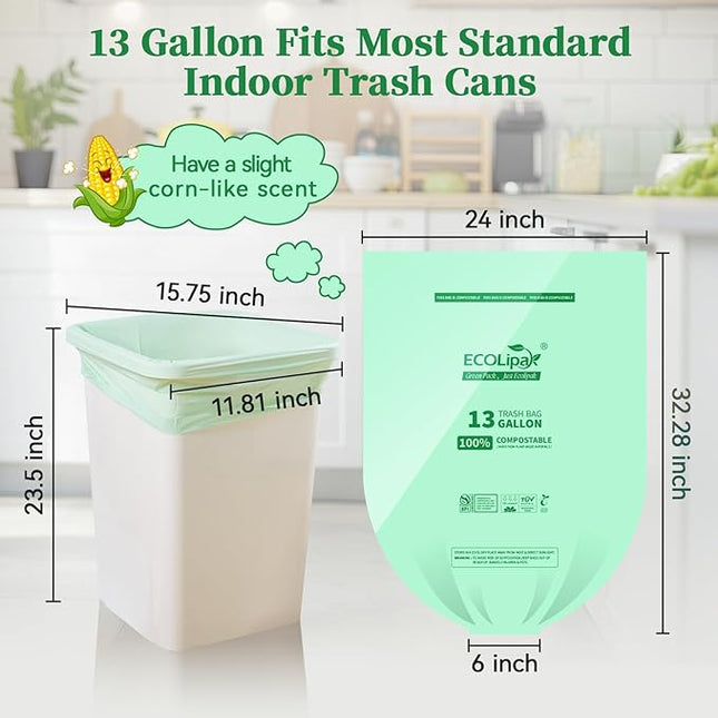 ECOLipak 13 Gallon Compostable Trash Garbage Bags, 50 Count (1 Roll) Biodegradable Heavy Duty Bathroom Kitchen Trash Bags for Home/Office, US BPI ASTM D6400 and OK Compost Home Certified