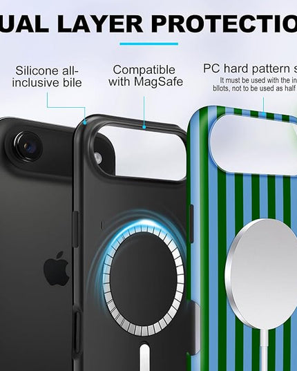 Magnetic for iPhone 17 Air Case Cute Stripes Phone Case, Shockproof Slim TPU and Hard PC Protective Phone Cover Compatible with MagSafe Designed for Women Girls, Green and Blue