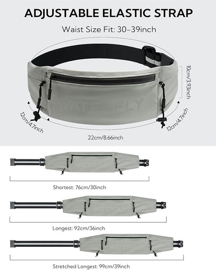 WATERFLY Running Belt Fanny Pack: Breathable 3 Pocket Waist Bag for Men Women Workout Exercise Fitness Phone Holder Fits All Phones - Runner Marathon Jogging Race Belt with Bib Clip Gray