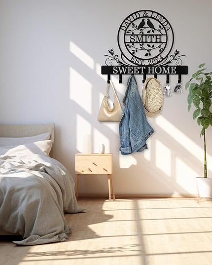 Dyoart Key Holder for Wall, Personalized Couple's Name Key Rack Coat Rack, Metal Key Holder Wall Mount for Housewarming Gifts, Key Hook Wall Hanging Bedroom Hallway Decor