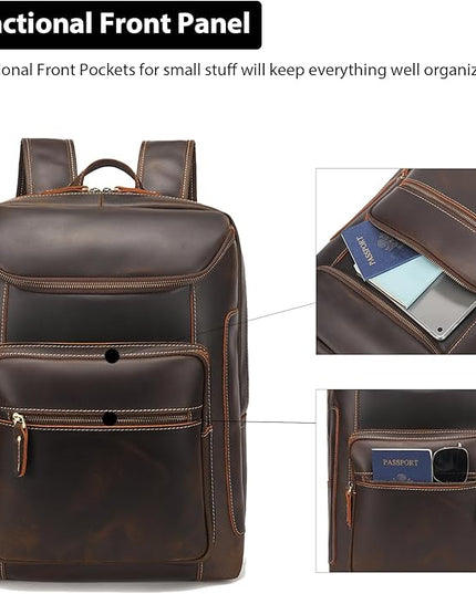 LANNSYNE Full Grain Leather Backpack For Men, 17" Laptop Backpack, Casual Outdoor Business Travel Rucksack, YKK Zippers