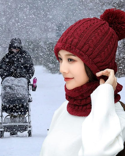 HUAMULAN Women Winter Beanie Hats One Piece Fleece Lined Knit Balaclavas Mask Set Skull Neck Circle Scarf Ski Snow Hat Pompom