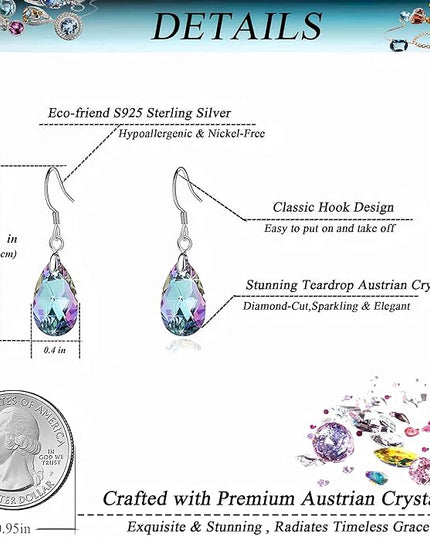 Teardrop Austrian Crystal Drop Dangle Earrings for Women 925 Sterling Silver Hook Hypoallergenic Jewelry