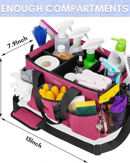 Ytonet Wearable Cleaning Caddy Organizer with Handle & Shoulder Straps, Large Cleaning Tote for Housekeepers, Kitchen Supplies Organizer with Dividers, Under Sink & Car Detailing Bag, Red