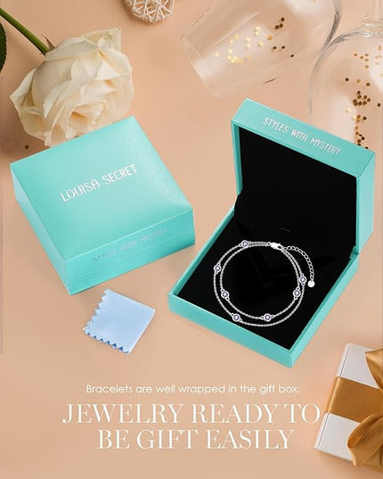 LOUISA SECRET Birthstone Bracelets for Women, 925 Sterling Silver Charm Link Double Strand Bracelet, Birthday Anniversary Christmas Jewelry Gifts for Wife Girlfriend Mother her…