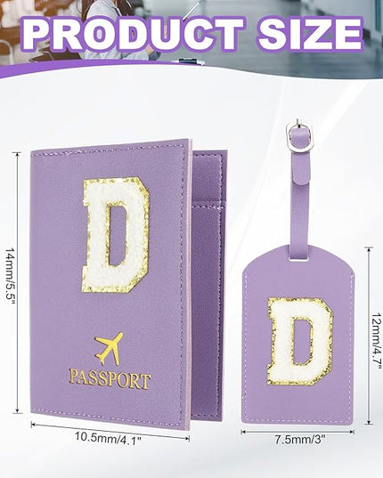 PATIKIL Passport Holder for Travel, Initial Passport Cover and Luggage Tag Set with Alphabet Chenille Letter Patch Travel Wallet Bag Suitcase Identifier for Women Family Travel Purple D