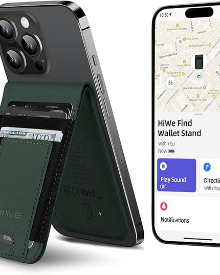 HiWe for MagSafe Wallet Stand with Find My, Anti-Lost Strongest Magnetic Wallet for iPhone 17/16/15/14/13/12 Series, 9 Cards Holder, Leather RFID, Green