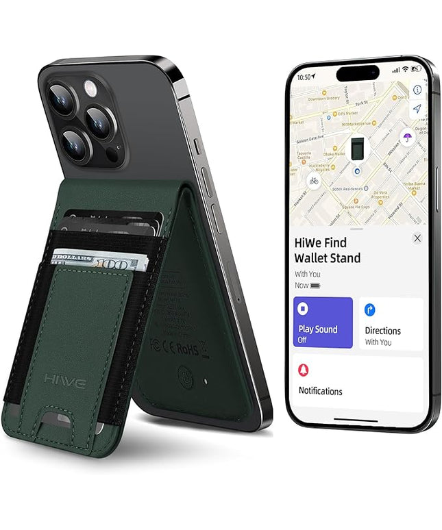 HiWe for MagSafe Wallet Stand with Find My, Anti-Lost Strongest Magnetic Wallet for iPhone 17/16/15/14/13/12 Series, 9 Cards Holder, Leather RFID, Green