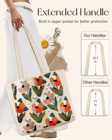 Embroidery Canvas Tote Bag for Women - Reusable Totes with Pocket & Buckle Aesthetic Cute Grocery Shoulder Bag