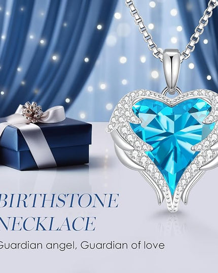 CDE Christmas Gifts for Women Angel Wings Necklace for Women with Birthstone, Love Heart Silver Tone/Gold Tone Pendant, Ideal Anniversary or Birthday Jewelry Gifts for Wife Girlfriend Her