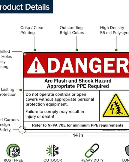 Danger Arc Flash And Shock Hazard Appropriate PPE Required Sign, 10x14 Inches, 55 mil thick HDPS (high density polystyrene), Made in USA by My Sign Center