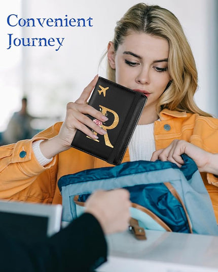 Slohif Initial Passport Holder Cover Wallet Case for Travel Women - Leather Letter Passport Book Family Multiple Personalized Organizer Slim Carrier Card Slots Protector Sleeve Essentials Black R