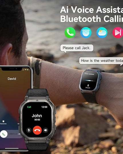 AMAZTIM Smart Watch, 60 Days Extra-Long Battery, 50M Waterproof, Rugged Military Bluetooth Call(Answer/Dial Calls), 2.0" Ultra Large HD Display, AI Voice Assistant (Shiny Black)