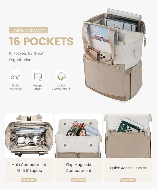 LOVEVOOK Laptop Backpack for Women, 15.6 Inch Work Laptop Bag with USB Port, Fashion Teacher Nurse Backpack Purse, Waterproof Travel Computer Backpack with Organizer Bag, 2PCS, Beige-Khaki