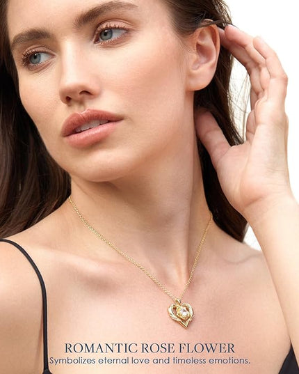 Beam & Bask Rose Flower Heart Moissanite Necklaces for Wife, S925 Silver Pendant for Women, 18K Gold Plated Jewelry for Her Girlfriend Mom for Anniversary Birthday