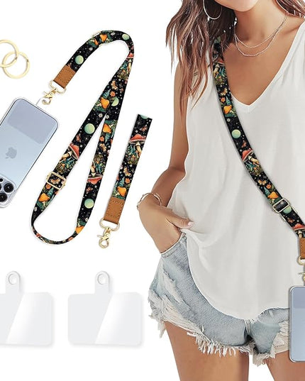 Phone Lanyard Crossbody Wrist Strap, Cute Mushroom Cell Phone Lanyards for Around the Neck Wristlet Shoulder, Adjustable Strap for Car Keys Keychain Wallet ID Badge Black