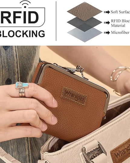 Montana West Wrangler Women's Wallet RFID Blocking Wallets Small Bifold Credit Card Holder with Kiss Clasp Brown